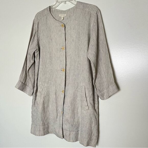 Eileen Fisher 100% Organic Linen Slub Pinstriped Long Sleeve Jacket Petite Large - Picture 2 of 11
